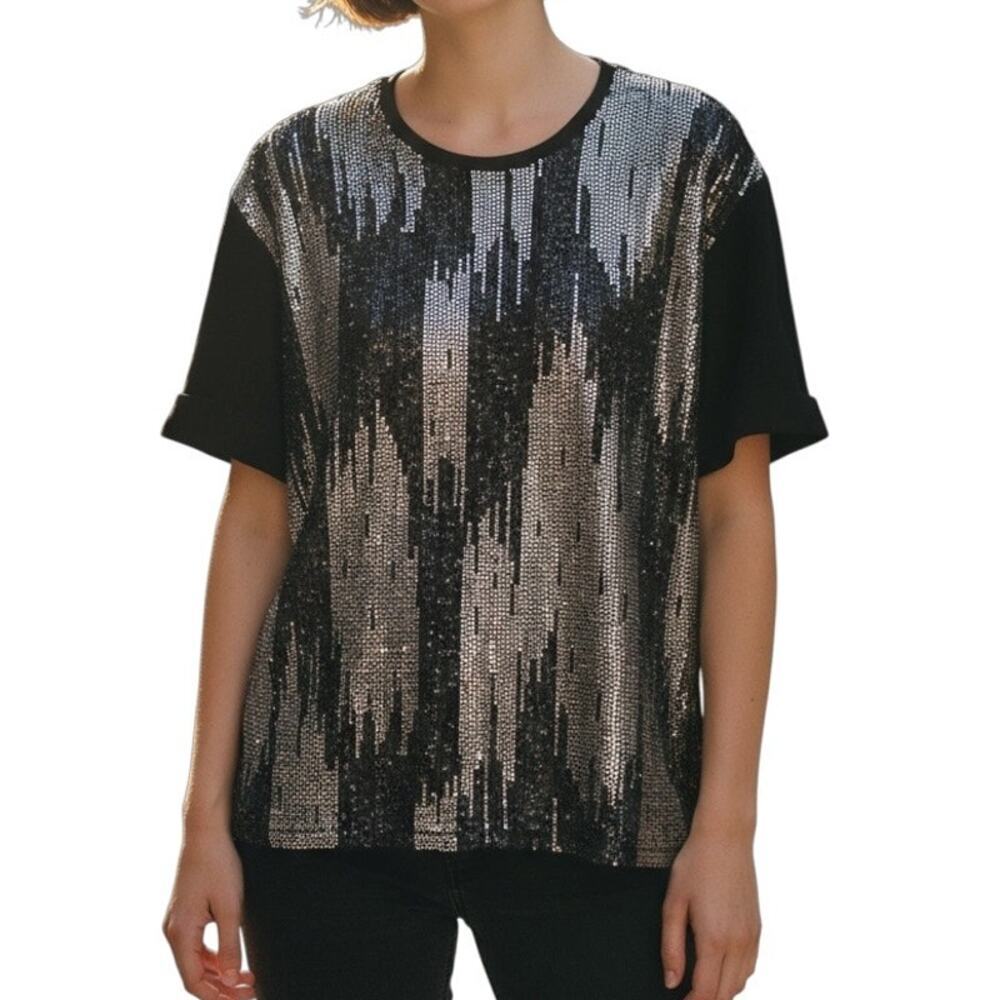 Zara Black Metallic Sparkle Knit Short Sleeve Top XL